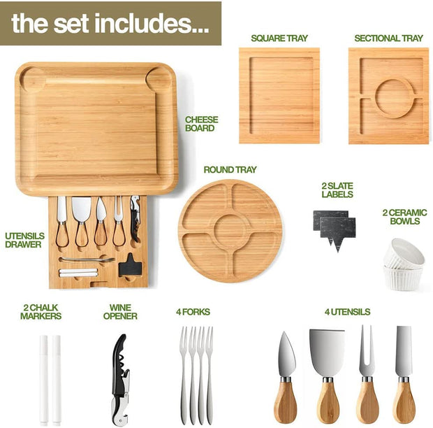 Bamboo Cheese and Meat Board - Charcuterie Board with Serving Utensils, Cutlery, Trays, Ceramic Bowls