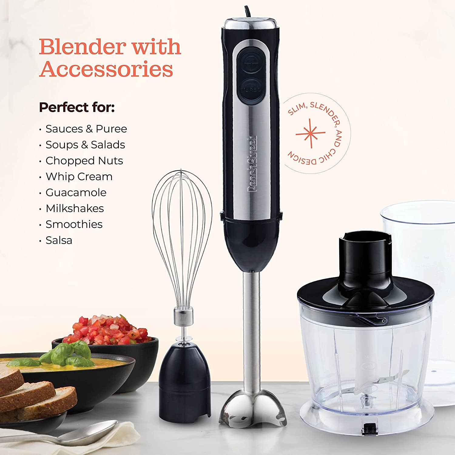 Multi-Use 800W Immersion Hand Blender, Handheld Blender Stick, Whisk,  Beaker with Measuring Marks And Chopper