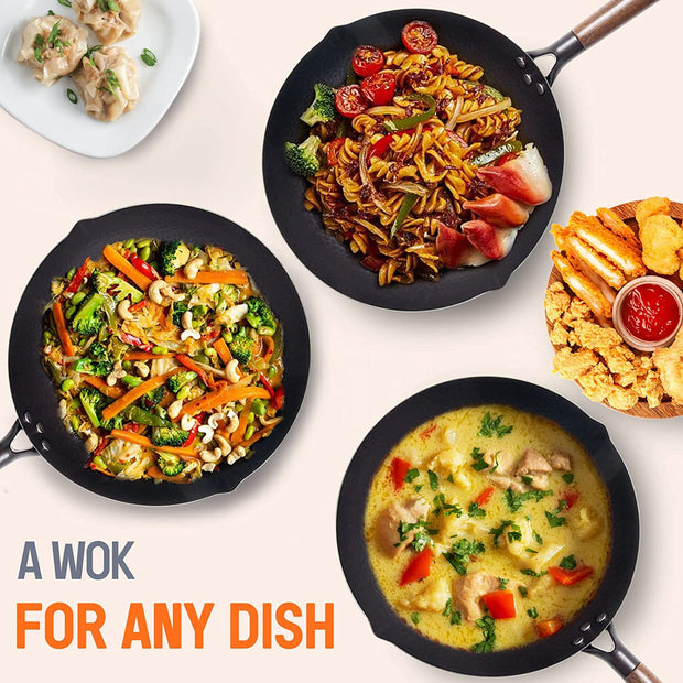 Carbon Steel Wok, 13 Inch Wok Pan with Lid and Cookwares 10Pcs or 5Pcs