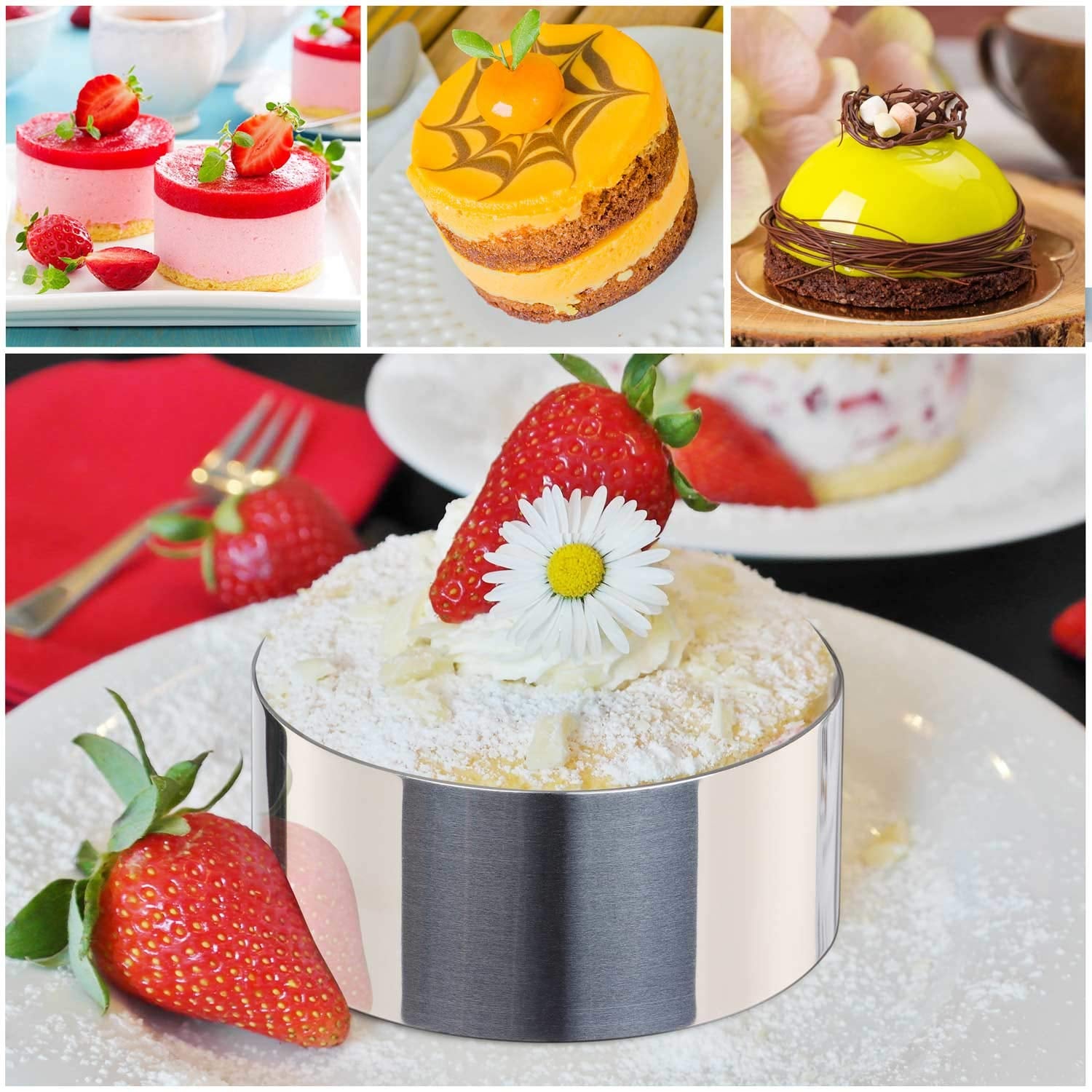 Set of 4 Or 5 Round Cake Ring Mold, Stainless Steel 3 Inch Dessert Mousse Molds with Pusher & Lifter Cooking Rings, Tuna Tartare Mold