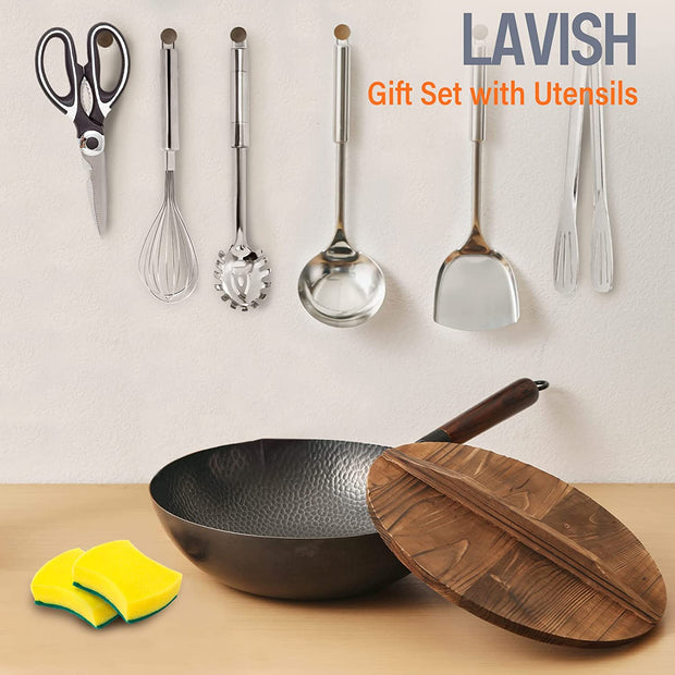 Carbon Steel Wok, 13 Inch Wok Pan with Lid and Cookwares 10Pcs or 5Pcs