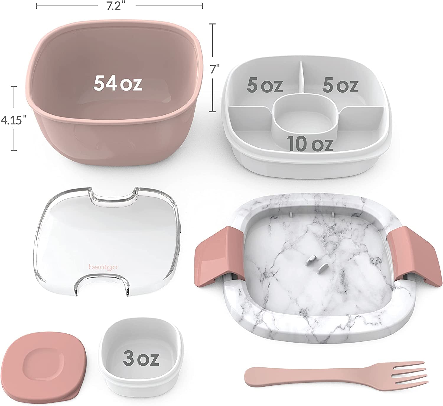  Salad - Stackable Lunch Container with Large Salad Bowl, 4-Compartment Bento-Style Tray for Toppings And Sauce Container 