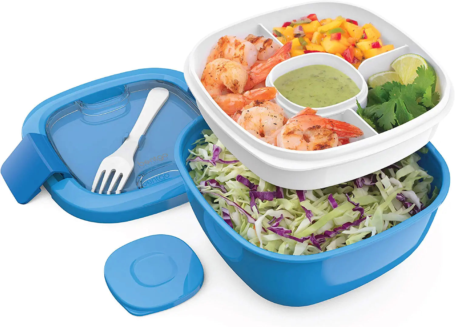  Salad - Stackable Lunch Container with Large Salad Bowl, 4-Compartment Bento-Style Tray for Toppings And Sauce Container 