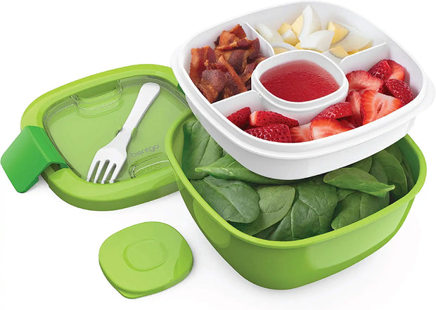  Salad - Stackable Lunch Container with Large Salad Bowl, 4-Compartment Bento-Style Tray for Toppings And Sauce Container 