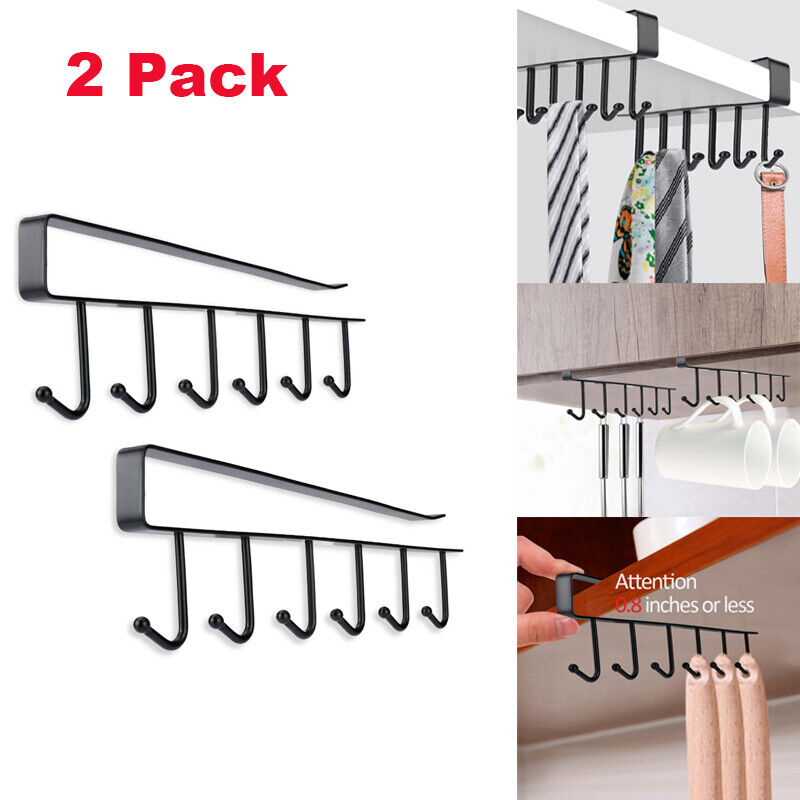 2-Pack Under Cabinet Coffee Mug Holder – 6 Hook Cup Rack Kitchen Storage Organizer