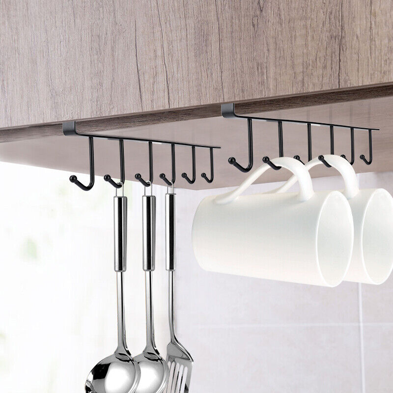 2-Pack Under Cabinet Coffee Mug Holder – 6 Hook Cup Rack Kitchen Storage Organizer