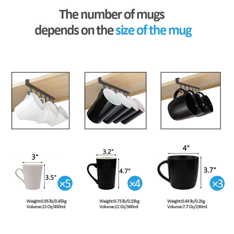 2-Pack Under Cabinet Coffee Mug Holder – 6 Hook Cup Rack Kitchen Storage Organizer
