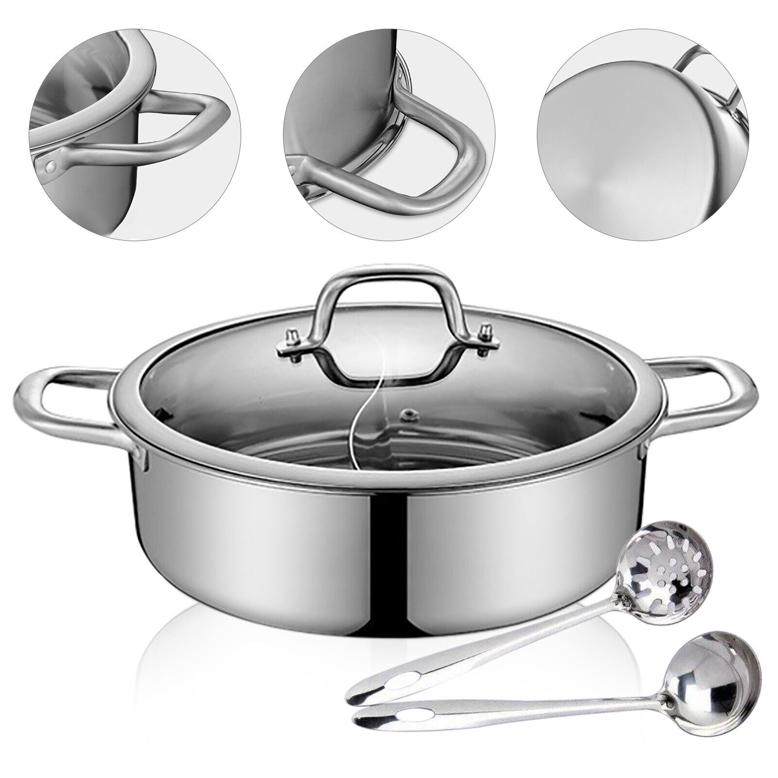 Stainless Steel Shabu Shabu Hot Pot with Divider, Lid & Ladles