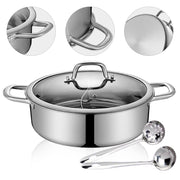 304 Stainless Steel Shabu Shabu Dual Sided Hot Pot W/ Lid And 2 Ladles