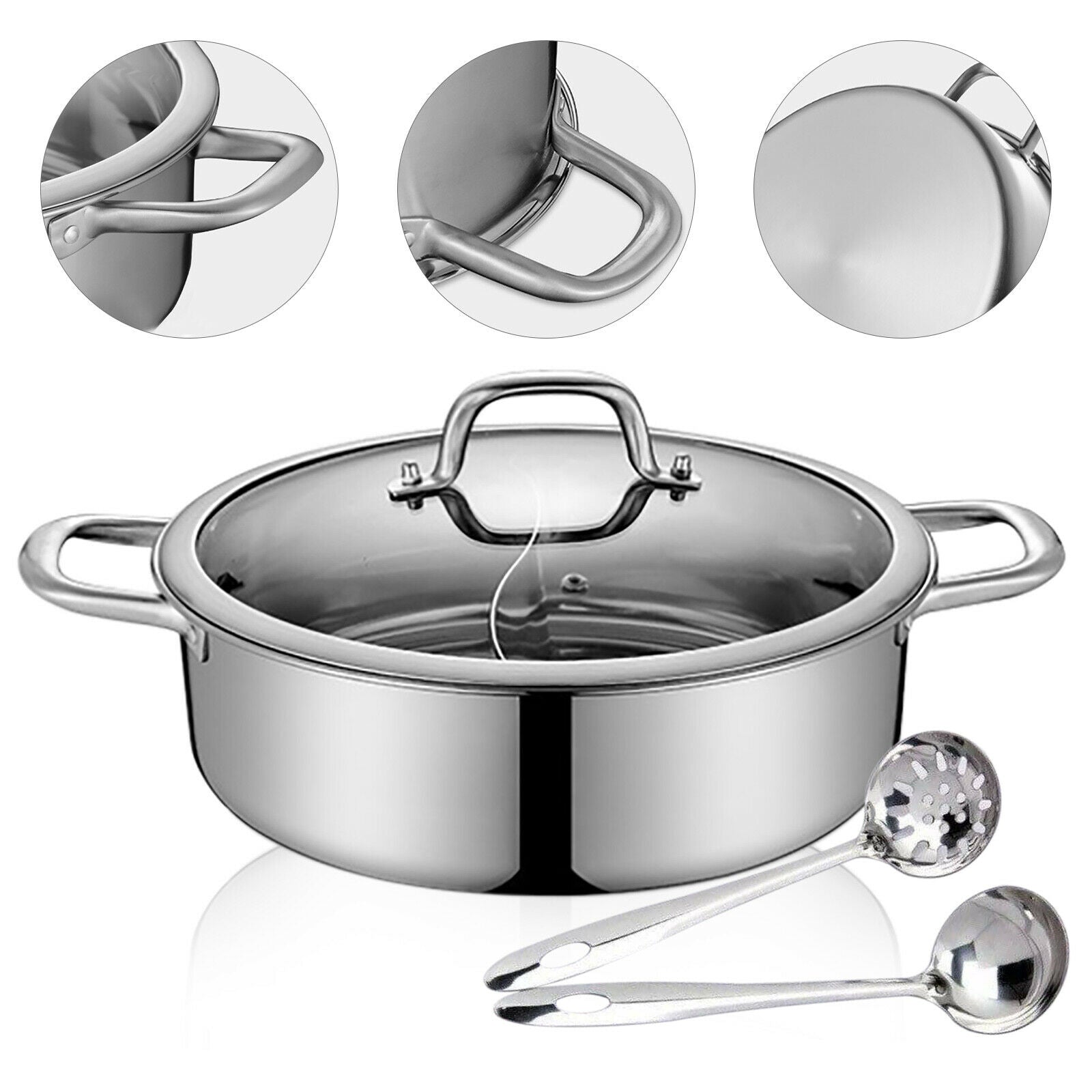 Stainless Steel Shabu Shabu Hot Pot with Divider, Lid & Ladles