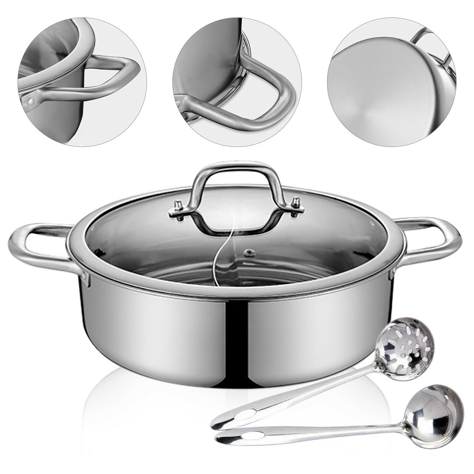 304 Stainless Steel Shabu Shabu Dual Sided Hot Pot W/ Lid And 2 Ladles