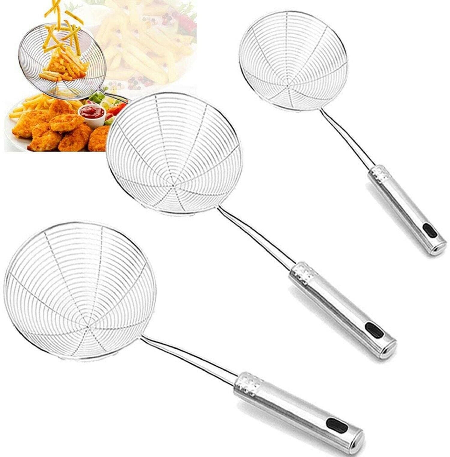 3-Piece Stainless Steel Spider Strainer Set – Wire Skimmer Ladles for Frying & Pasta