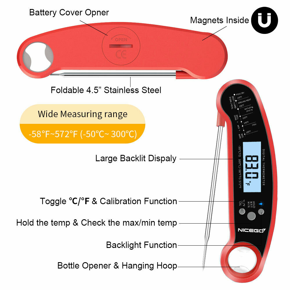 Instant Read Digital Meat Thermometer – Waterproof LCD BBQ, Grill & Cooking Food Thermometer