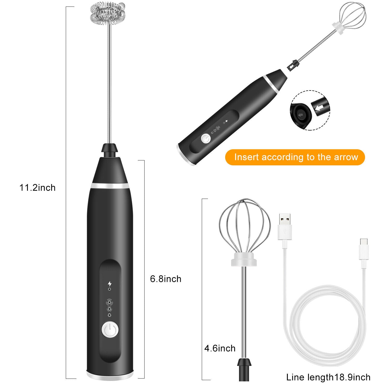 USB Rechargeable Milk Frother Wand – 3-Speed Handheld Coffee Foam Maker & Egg Beater