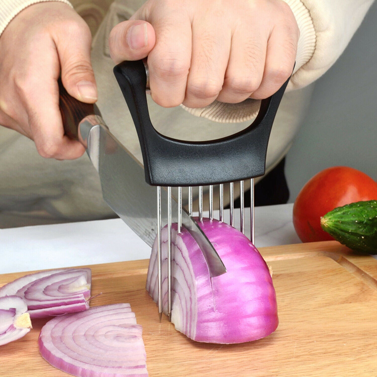 Stainless Steel Onion Holder & Vegetable Slicer – Non Slip Tomato Cutter Food Slicing Assistant