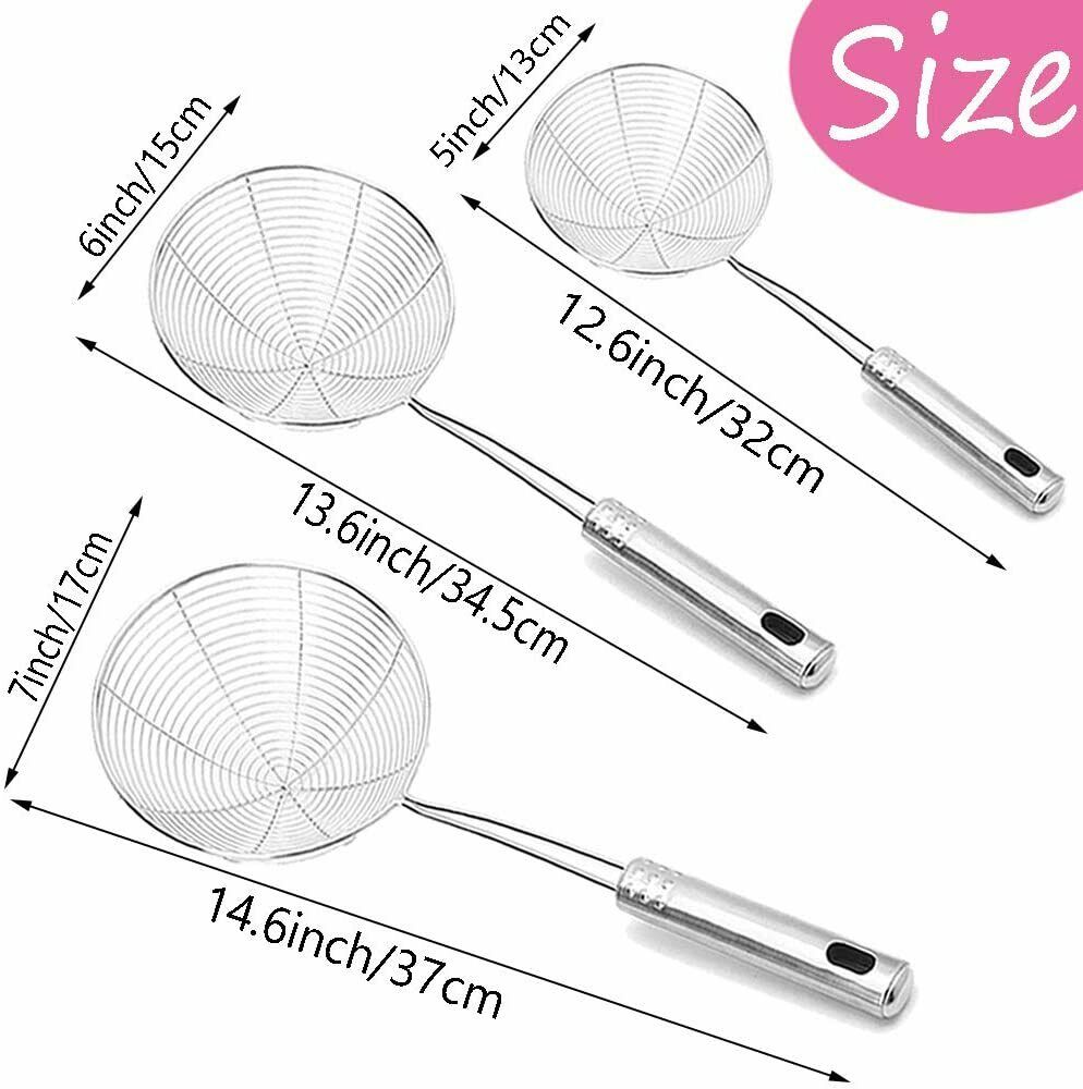 3-Piece Stainless Steel Spider Strainer Set – Wire Skimmer Ladles for Frying & Pasta