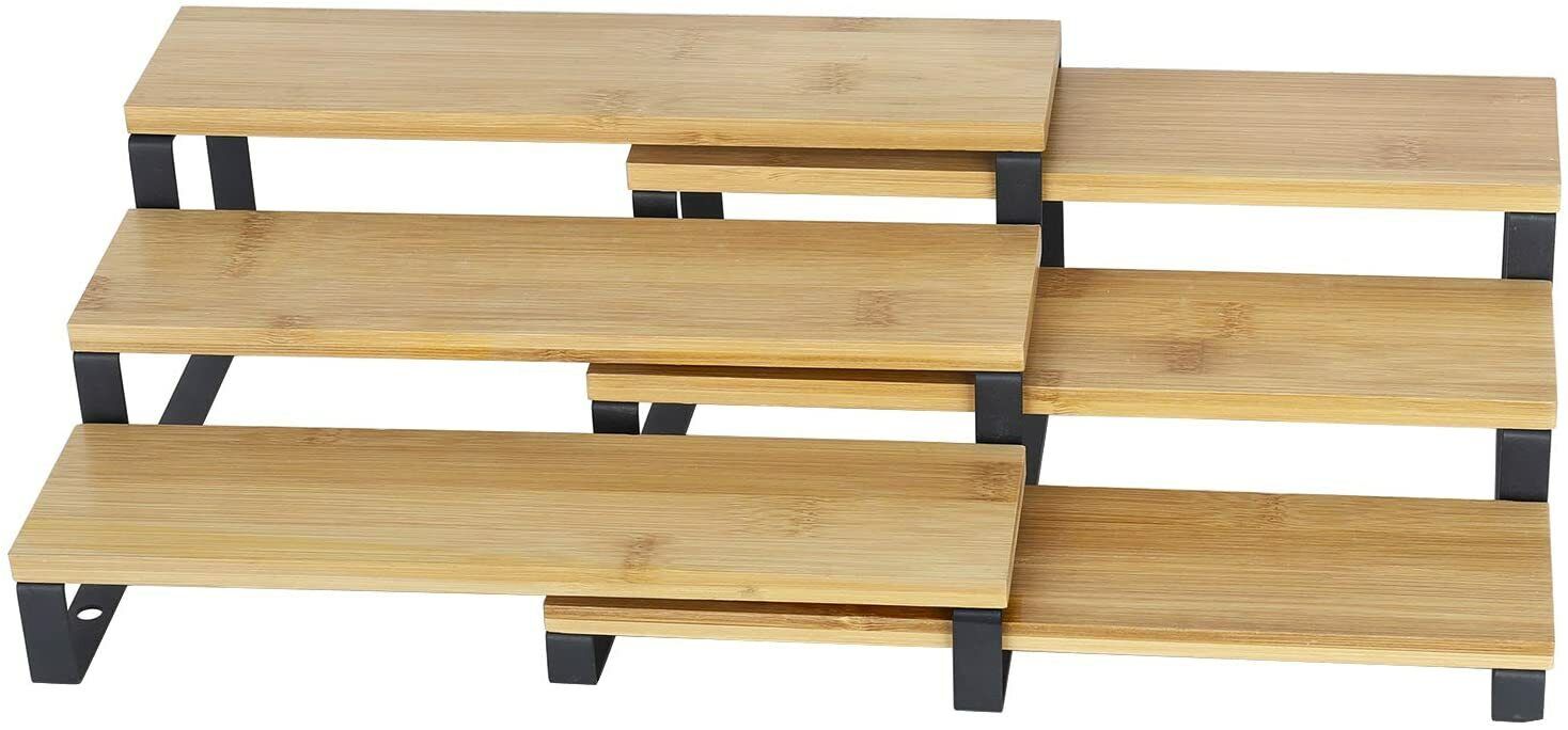 3 Tier Expandable Spice Rack Step Shelf Bamboo Organizer for Kitchen Cabinet