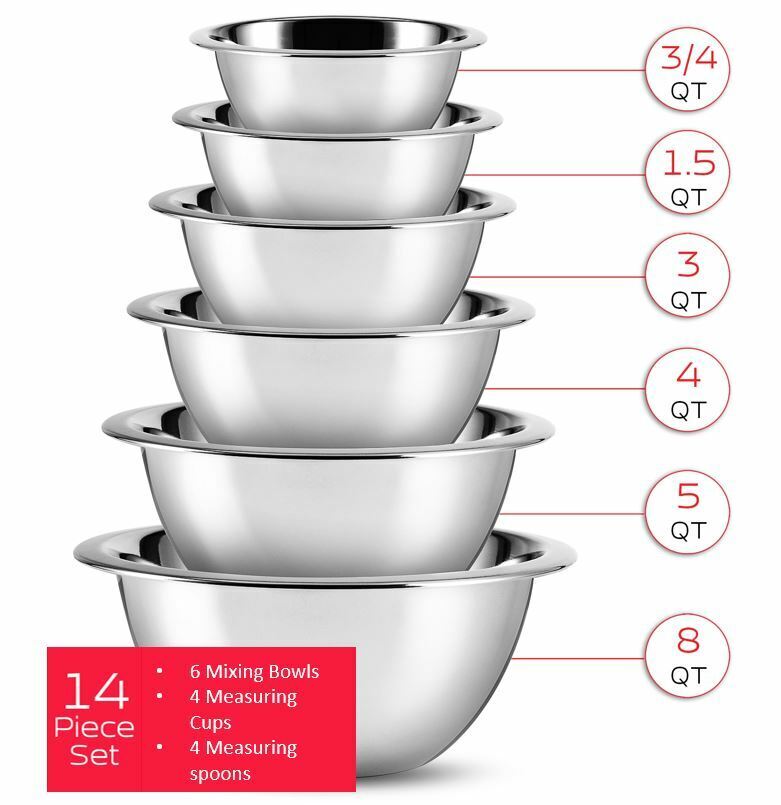 14-Piece Stainless Steel Mixing Bowls Set – Nesting Bowls with Measuring Cups & Spoons
