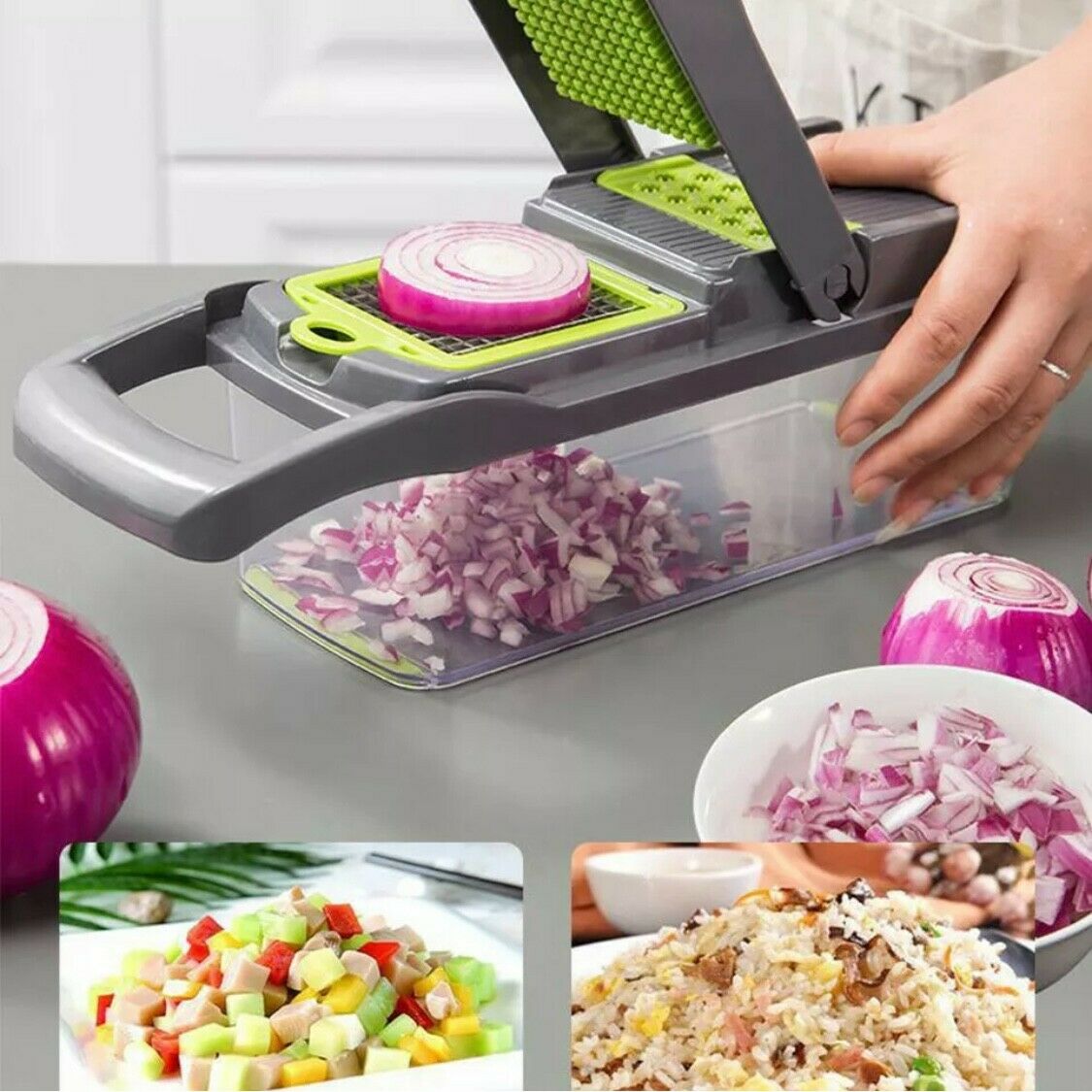 15-In-1 Vegetable Fruit Chopper, Cutter, Veggie Dicer Slicer 15-in-1 Vegetable Chopper & Mandoline Slicer – Onion Dicer Cutter with Container Container