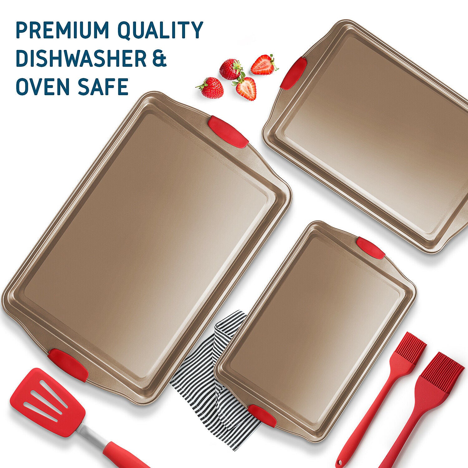 6-Piece Nonstick Baking Sheet Pan Set – Cookie Sheets with Silicone Brushes & Spatula