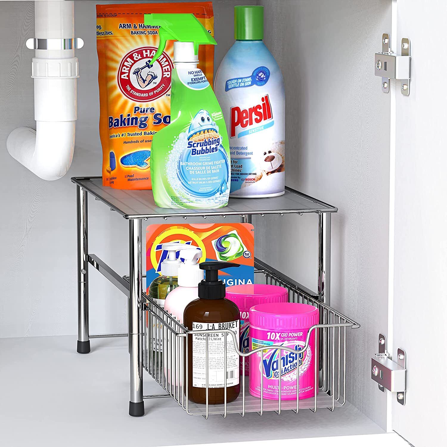 2 Tier Sliding Under Sink Organizer – Stackable Pull Out Storage Drawers