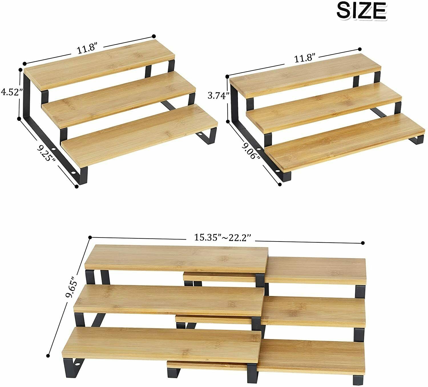 3 Tier Expandable Spice Rack Step Shelf Bamboo Organizer for Kitchen Cabinet