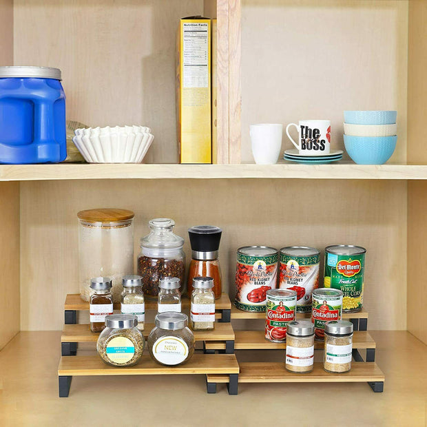 3Tier Expandable Spice Rack Step Shelf Bamboo Organizer for Kitchen Cabinet