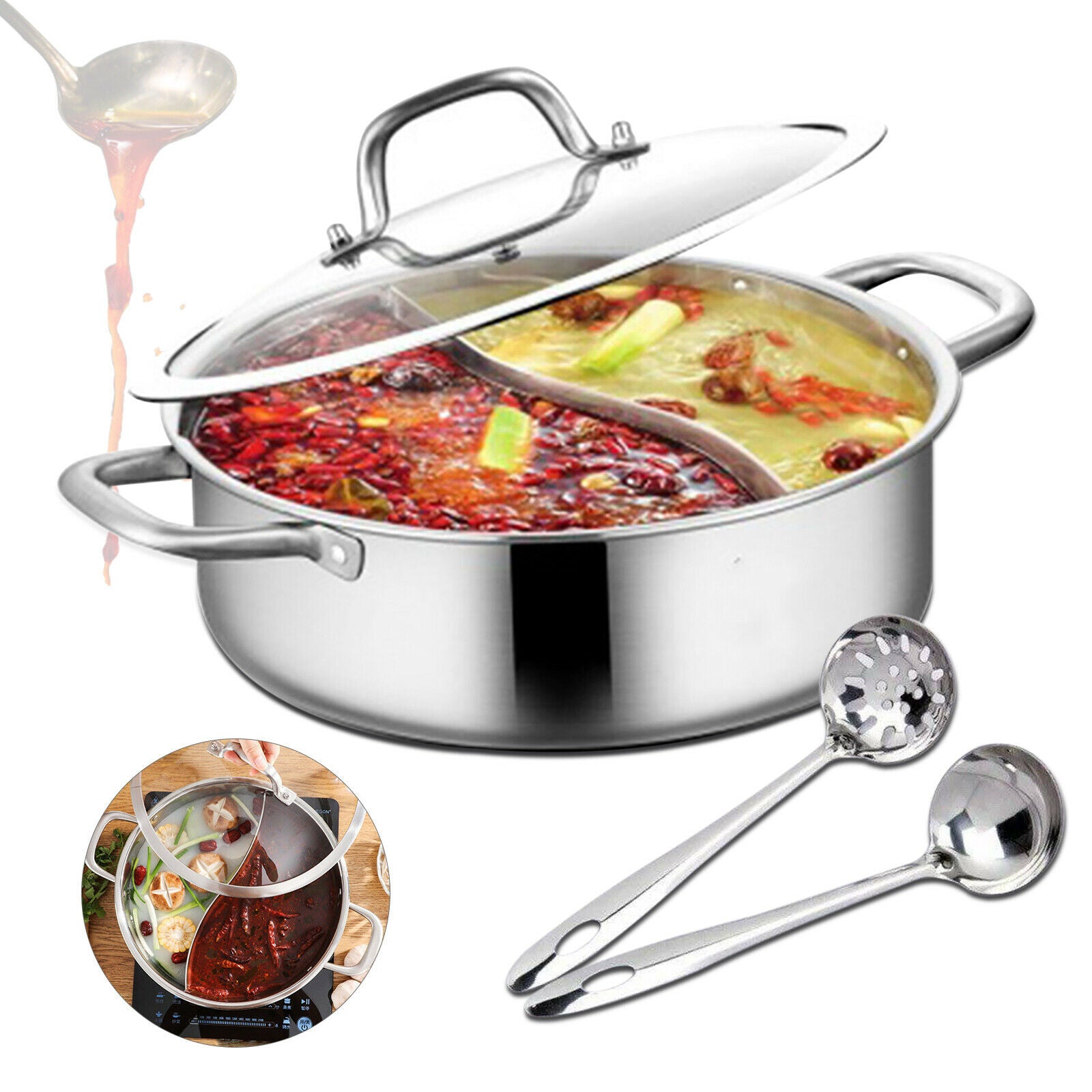 304 Stainless Steel Shabu Shabu Dual Sided Hot Pot W/ Lid And 2 Ladles