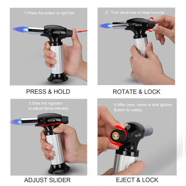 Refillable Butane Kitchen Torch Lighter, Fit All Butane Tanks Blow Torch with Safety Lock and Adjustable Flame for Desserts.