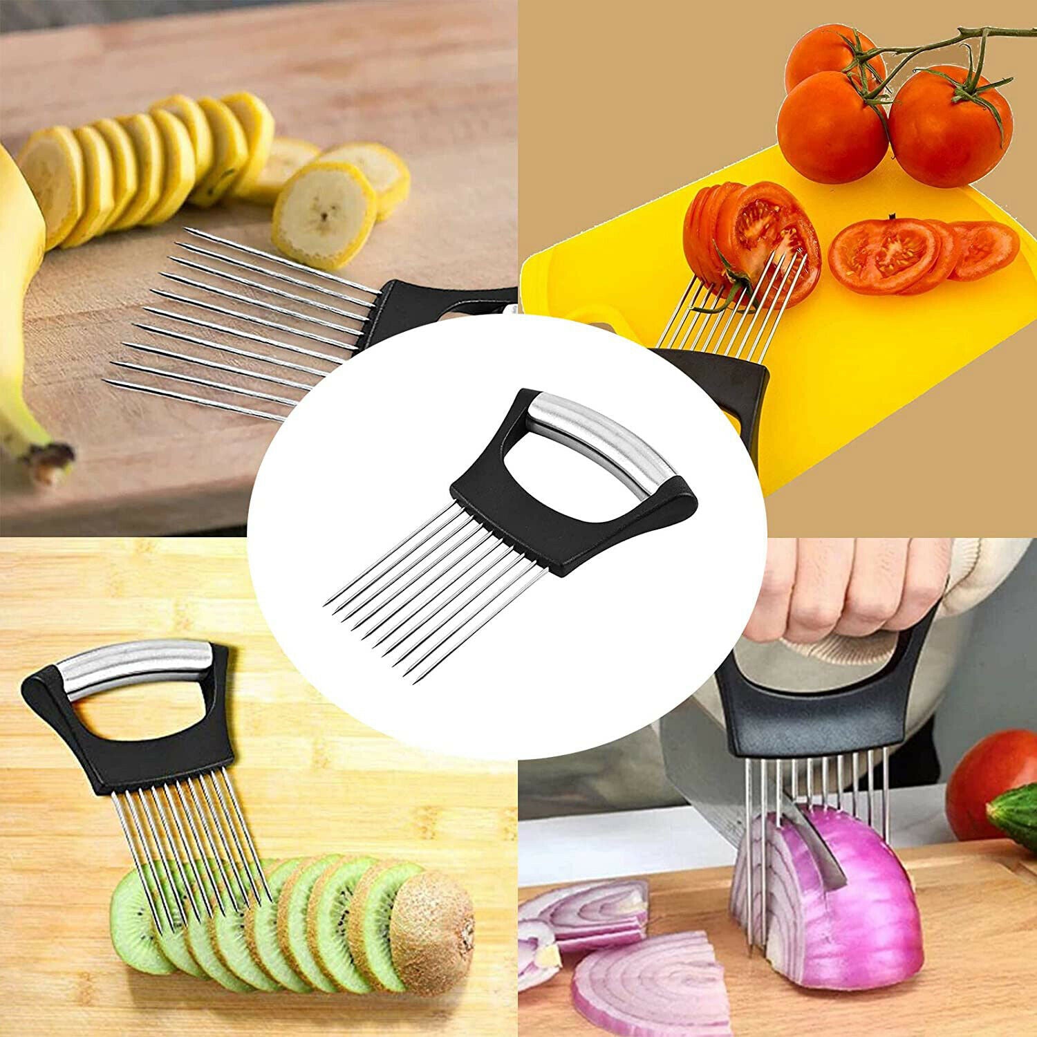 Stainless Steel Onion Holder & Vegetable Slicer – Non Slip Tomato Cutter Food Slicing Assistant