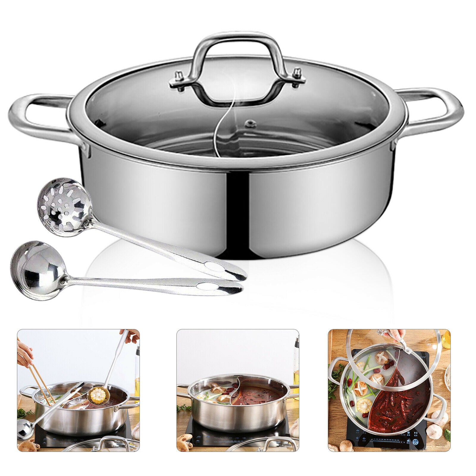 Stainless Steel Shabu Shabu Hot Pot with Divider, Lid & Ladles