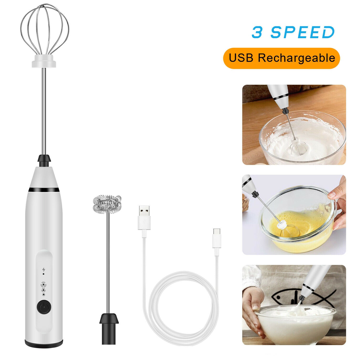 Electric Milk Frother USB Rechargeable 3 Speeds Handheld Whisk