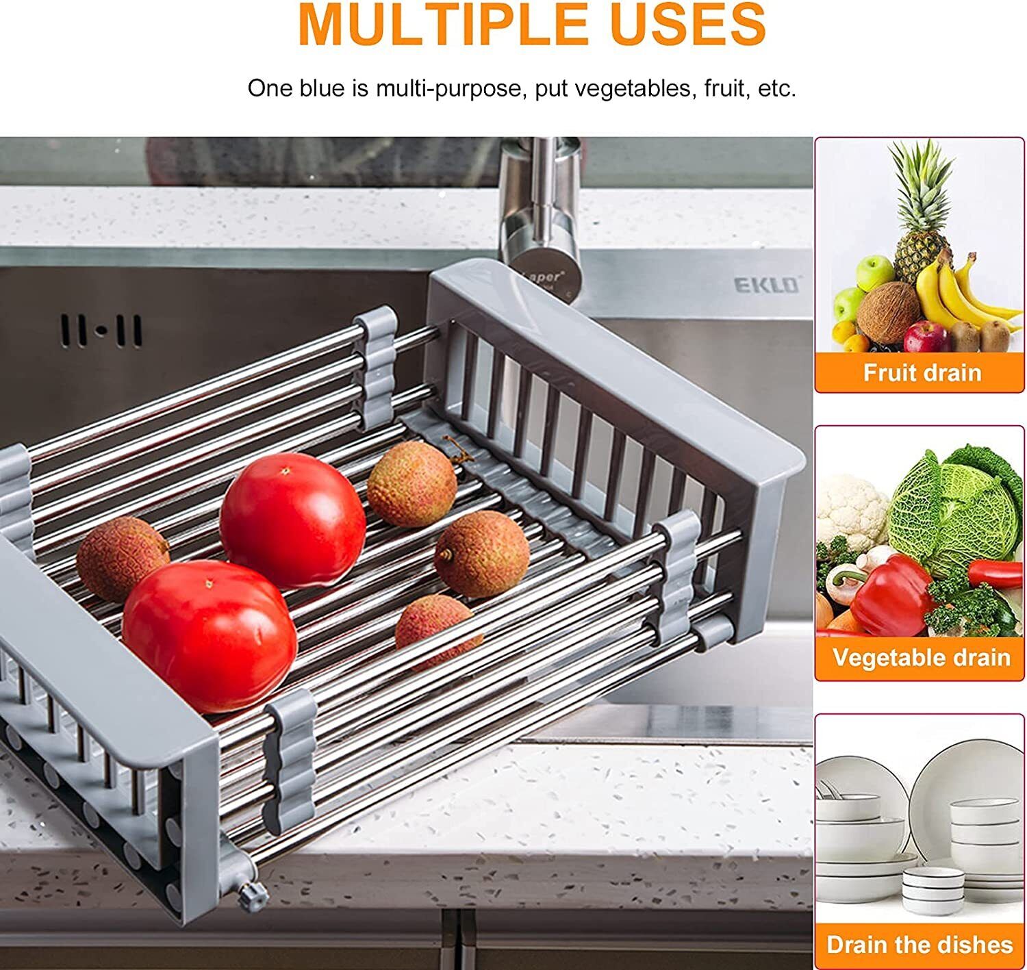 Adjustable Over Sink Dish Drying Rack – Stainless Steel Expandable Drain Basket