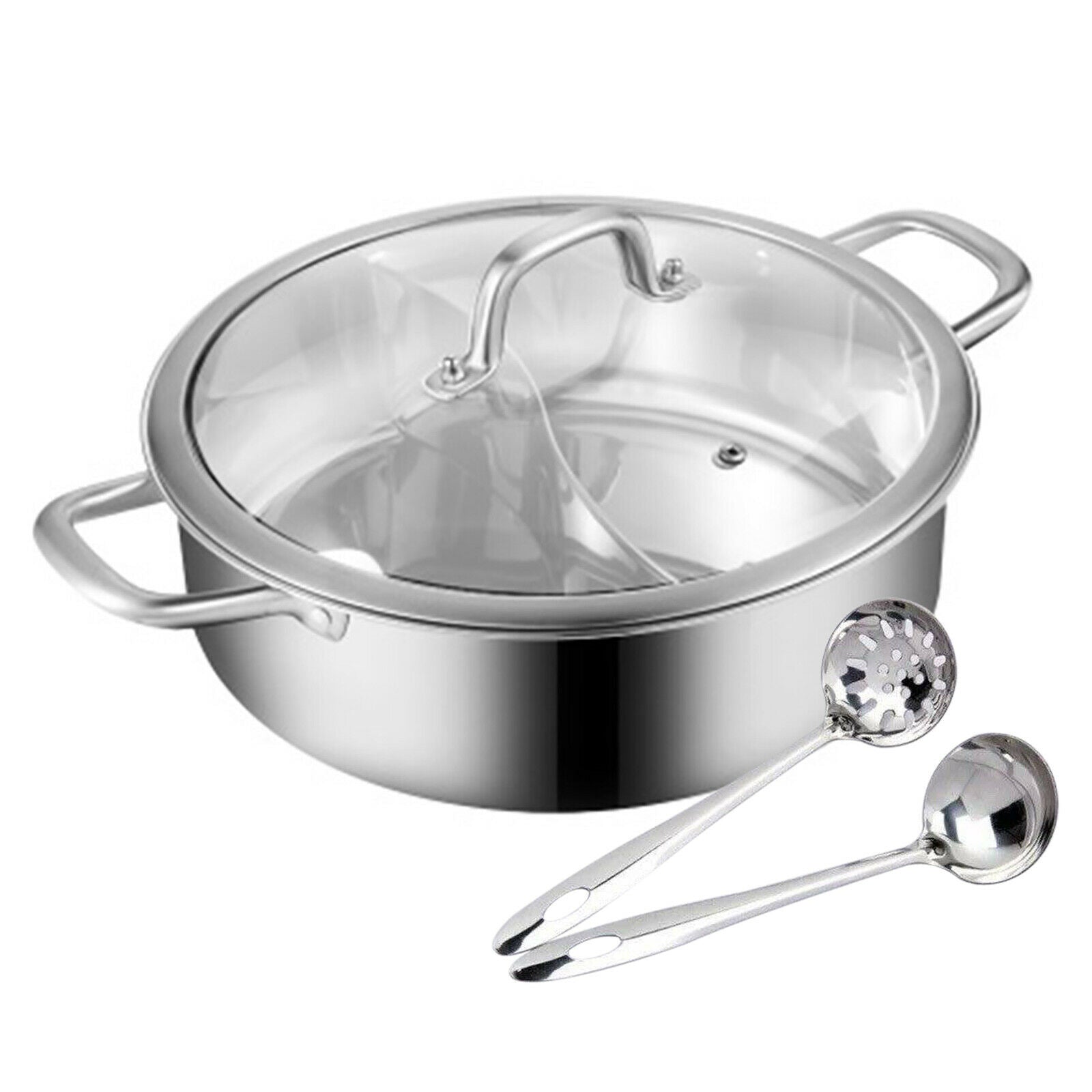 304 Stainless Steel Shabu Shabu Dual Sided Hot Pot W/ Lid And 2 Ladles