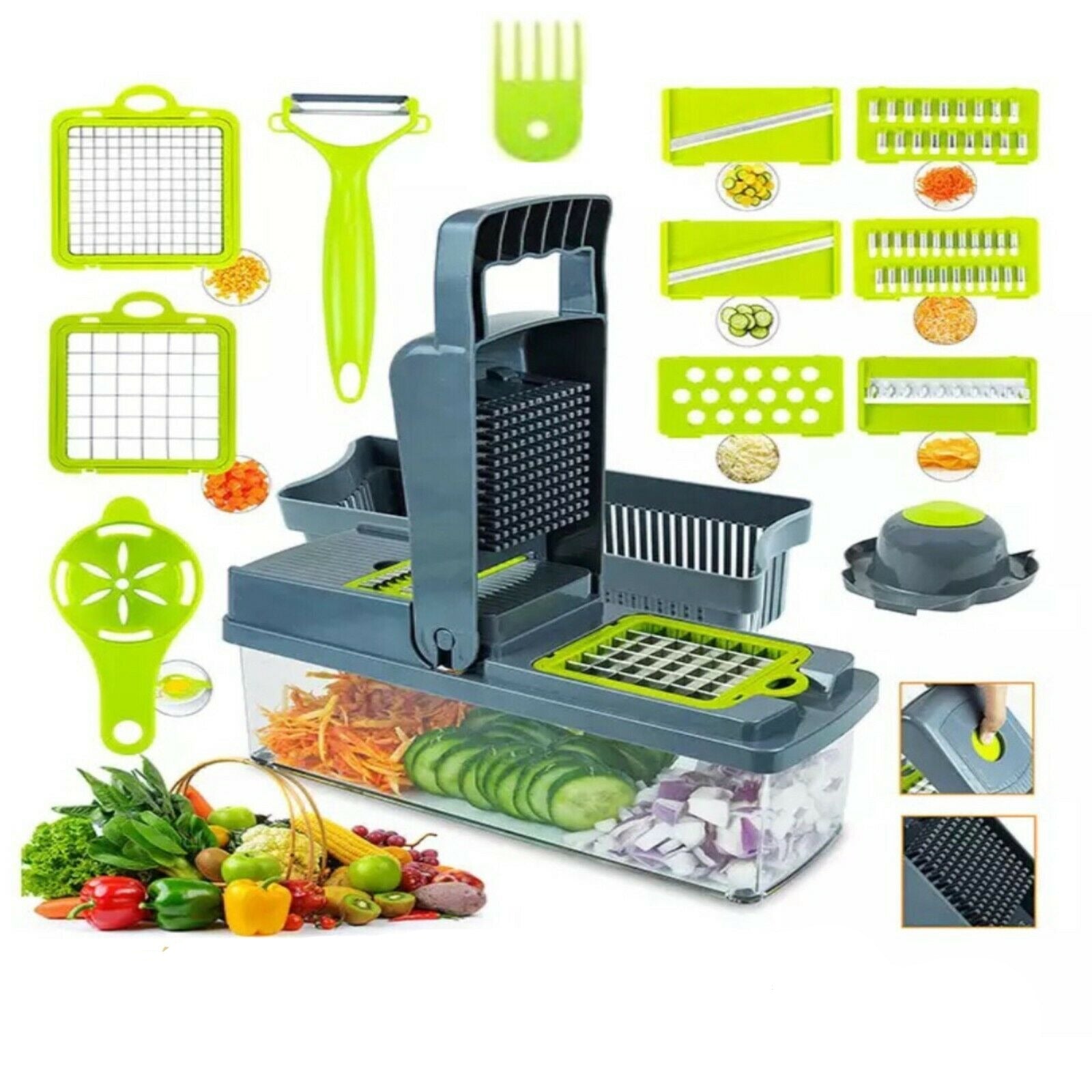 15-In-1 Vegetable Fruit Chopper, Cutter, Veggie Dicer Slicer 15-in-1 Vegetable Chopper & Mandoline Slicer – Onion Dicer Cutter with Container Container