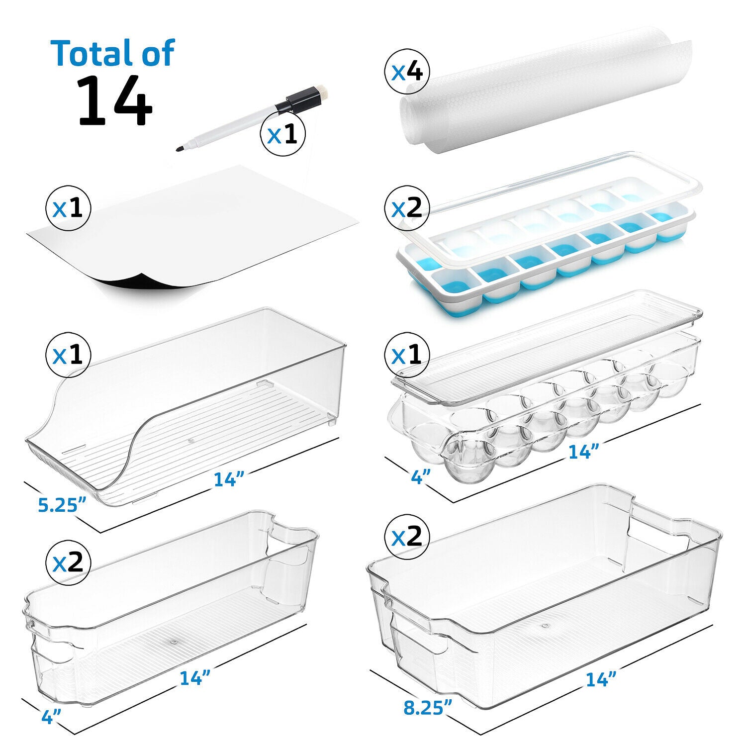 14 PC Clear Refrigerator Organizer Set, Storage Bins for Fridge, Freezer Or Pantry