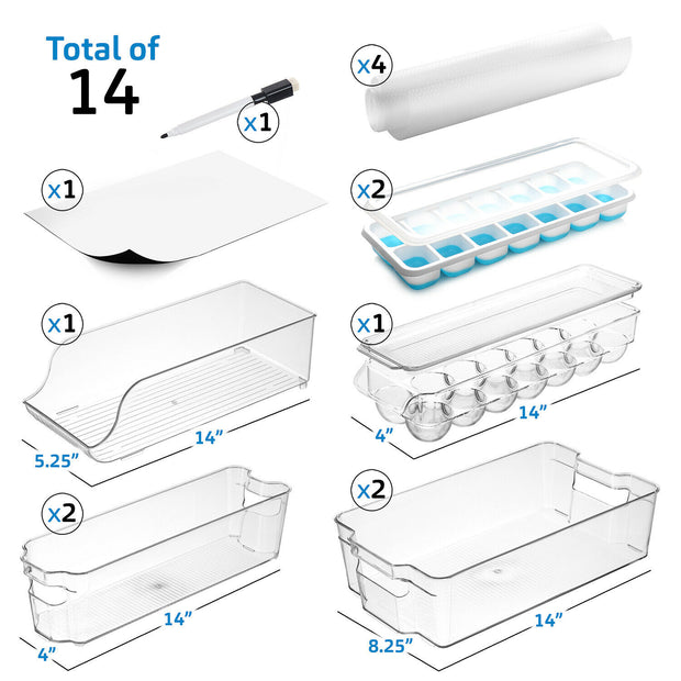14 PC Clear Refrigerator Organizer Set, Storage Bins for Fridge, Freezer Or Pantry