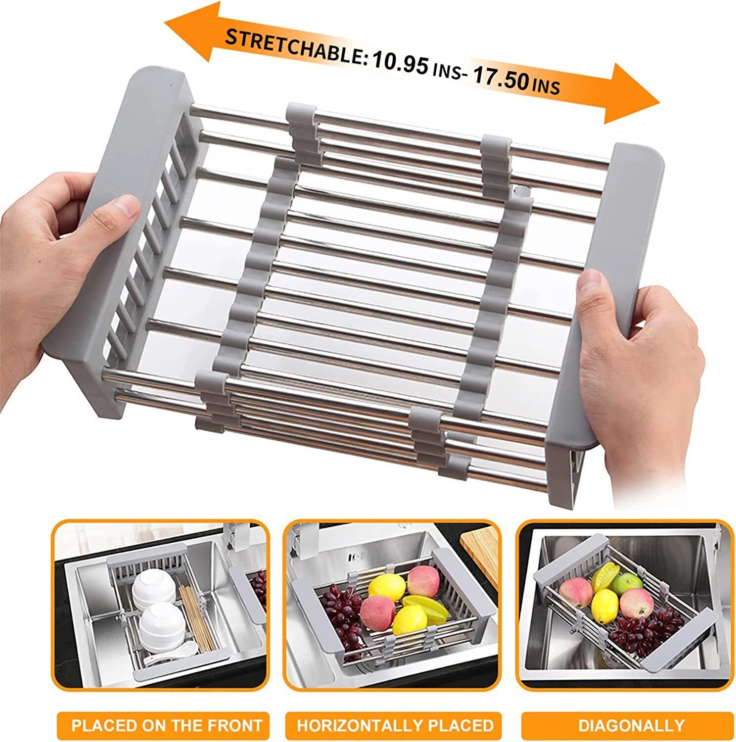 Adjustable Over Sink Dish Drying Rack – Stainless Steel Expandable Drain Basket