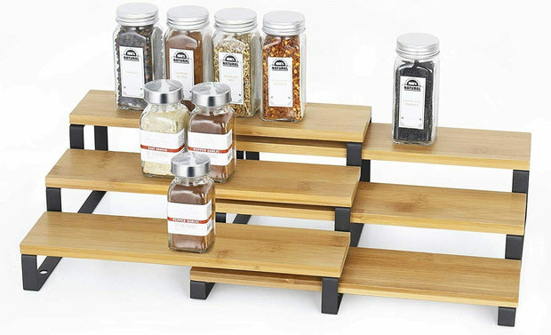 3Tier Expandable Spice Rack Step Shelf Bamboo Organizer for Kitchen Cabinet