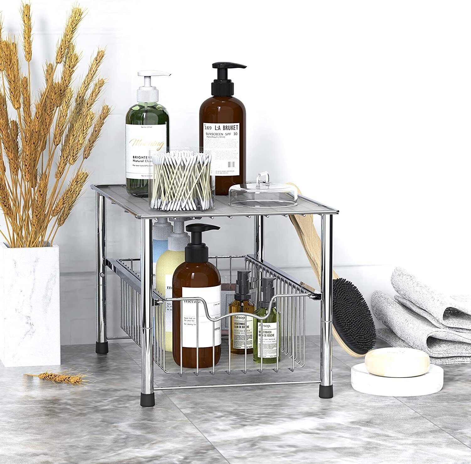 2 Tier Sliding Under Sink Organizer – Stackable Pull Out Storage Drawers