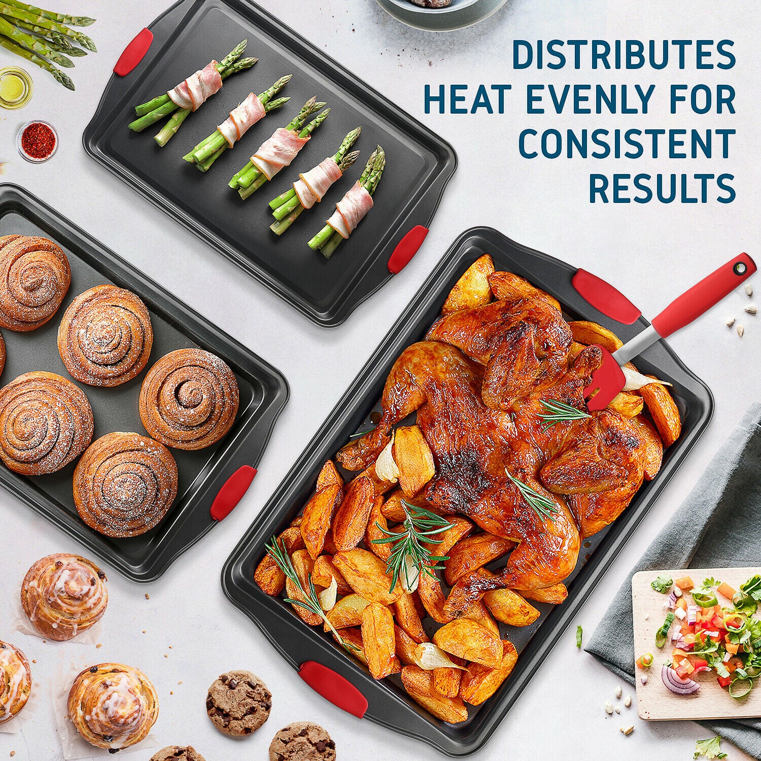 6-Piece Nonstick Baking Sheet Pan Set – Cookie Sheets with Silicone Brushes & Spatula