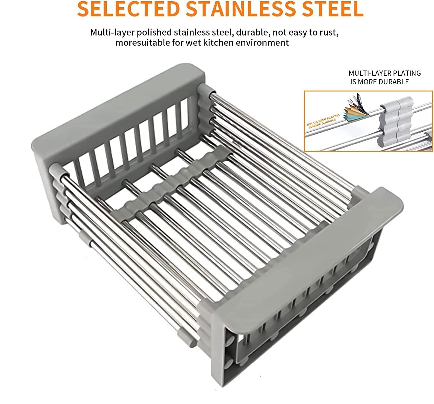 Adjustable Over Sink Dish Drying Rack – Stainless Steel Expandable Drain Basket