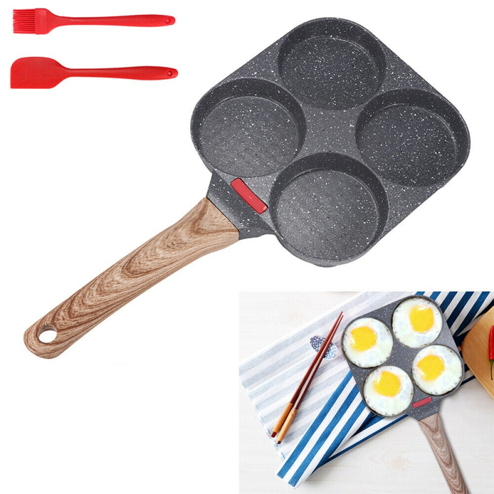 4 Hole Omelet Pan- Burger, Egg, Ham, Pancake Maker With Free Brush & Spatula