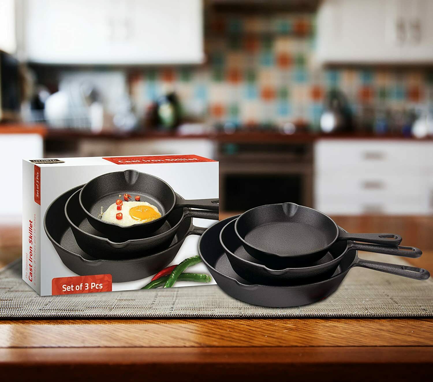 3-Piece Pre-Seasoned Cast Iron Skillet Set – 6”, 8” & 10” Frying Pans for Cooking