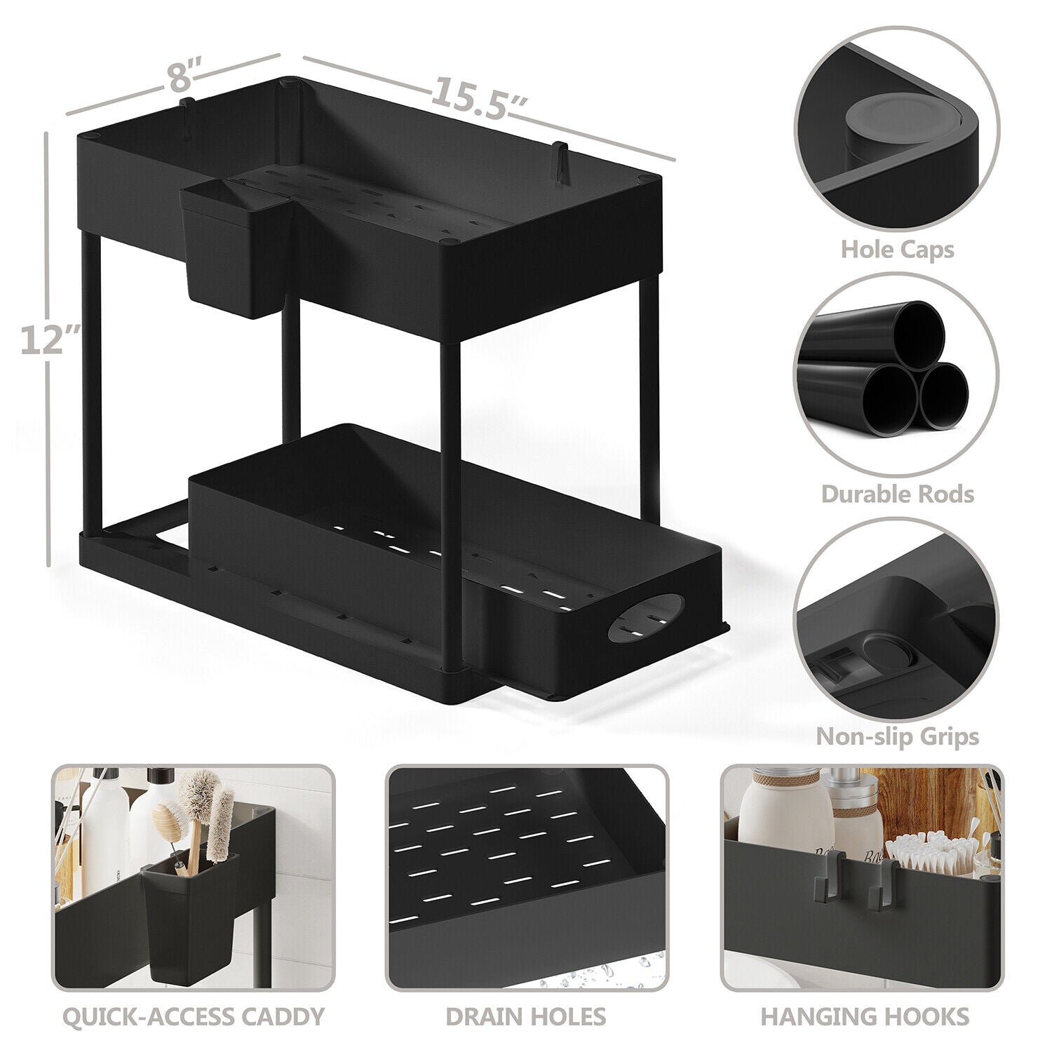 1 Pack or 2 Pack Under Sink Organizers with 2 Tier Sliding Drawers