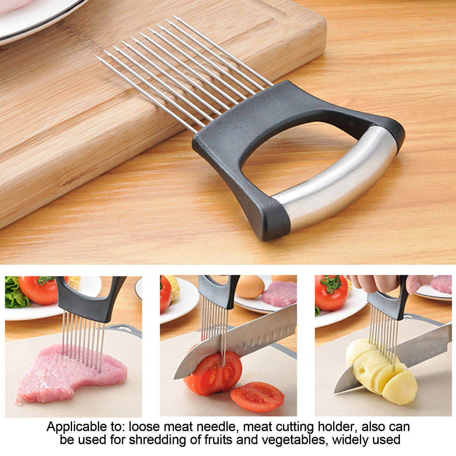 Stainless Steel Onion Holder & Vegetable Slicer – Non Slip Tomato Cutter Food Slicing Assistant