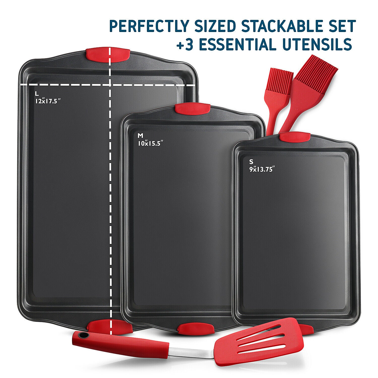 6-Piece Nonstick Baking Sheet Pan Set – Cookie Sheets with Silicone Brushes & Spatula