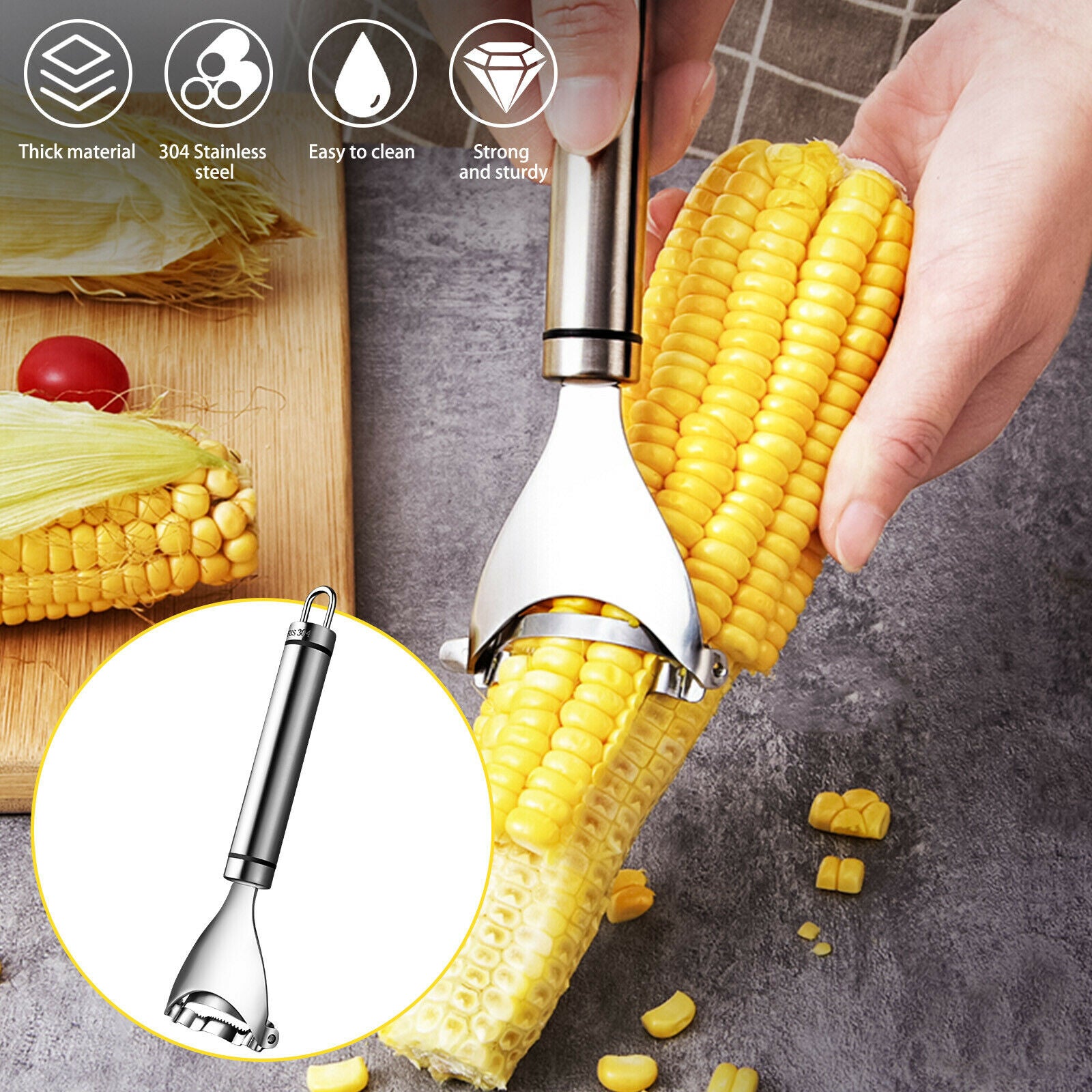 Stainless Steel Corn Peeler & Cob Stripper – One-Step Corn Kernel Cutter Remover Tool