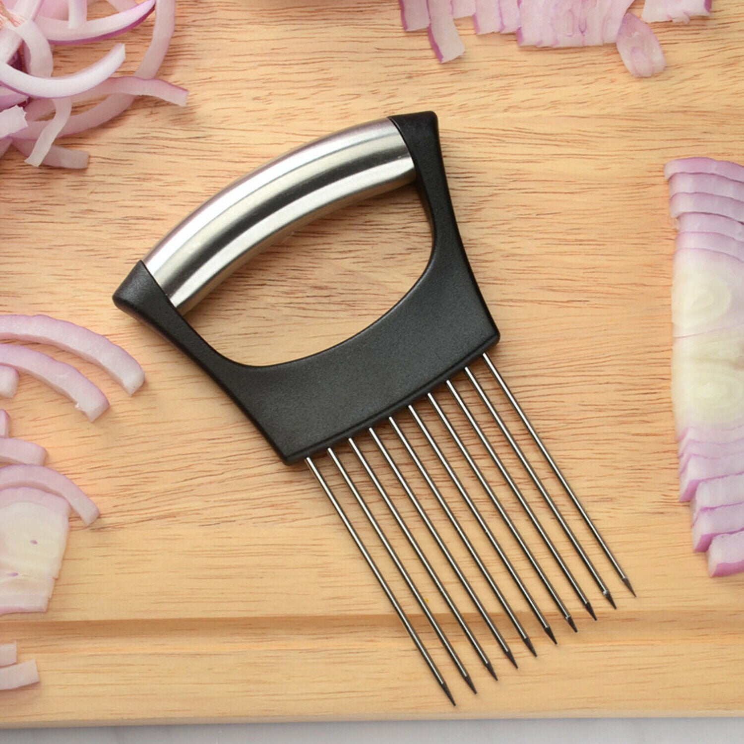 Stainless Steel Onion Holder & Vegetable Slicer – Non Slip Tomato Cutter Food Slicing Assistant