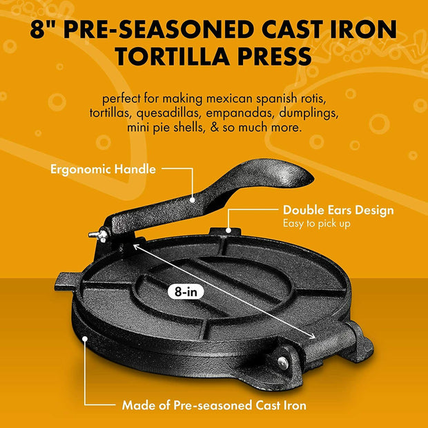 Pre-Seasoned 8" Cast Iron Tortilla Press For Rotis, Quesadilla Maker